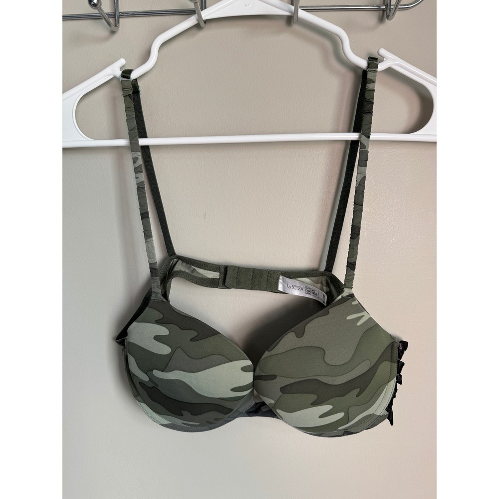 La Senza Camo Push Up Bra Lace Up Ribbon Detail Green Camouflage 36B Edgy Chic